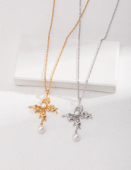 Handmade Cross Pearl Necklace – 18K Gold Vermeil on Sterling Silver, Elegant Gift for Women