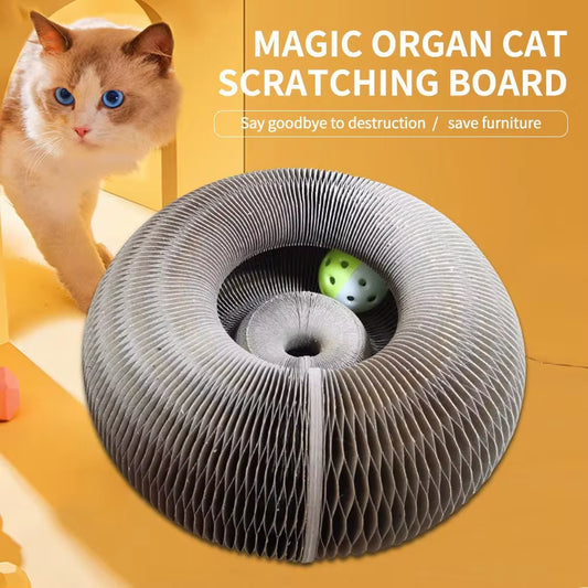 Magic Organ Foldable Cat Scratching Board – Corrugated Round Claw Grinder & Interactive Cat Toy with Bell Ball and Catnip
